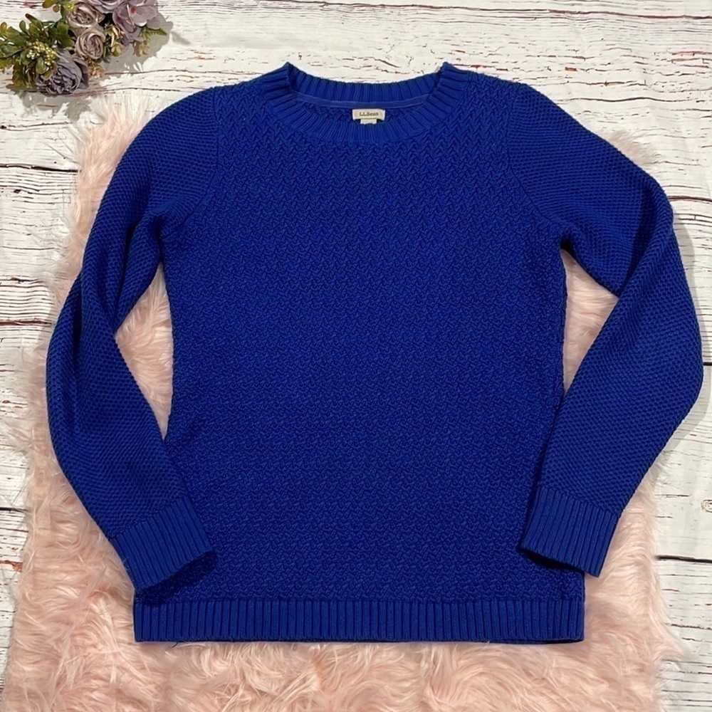 L.L. Bean Royal Blue Textured Cross Stitch Crewneck Cotton Sweater